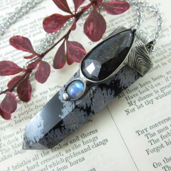 Callisto Jewelry Snowflake Obsidian Black Ruby & Moonstone Crystal Pendant - Picture 5 of 5